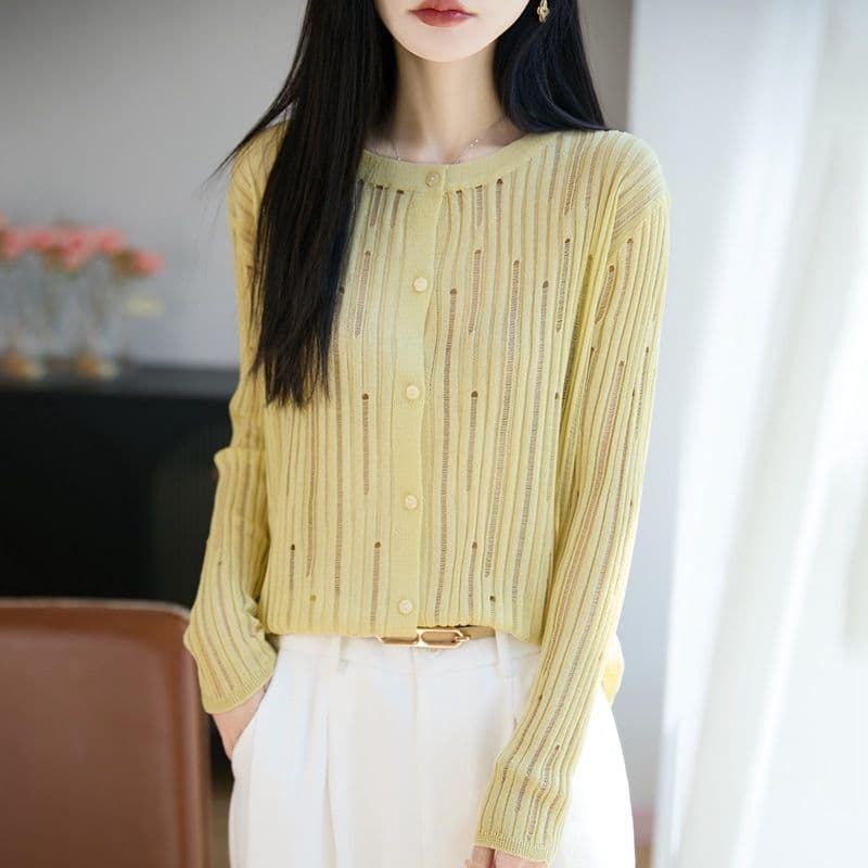 2026 새로운 슬림해 보이는 라운드 넥 홀로우 아웃 외국 가스 얇고 가벼운 오픈 가디건 여성 제발 차가운 센스 통기성 에어컨 숄 루즈핏 재킷 이미지 3