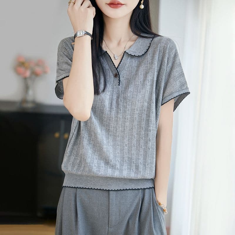 작은 대중 디자인 센스 POLO 칼라 반팔 티셔츠 여성 외출용 새로운 외국 가스 다용도 맨위 주간 실크 아마 니트 스웨터