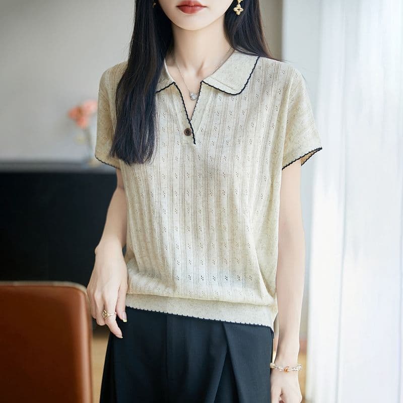 작은 대중 디자인 센스 POLO 칼라 반팔 티셔츠 여성 외출용 새로운 외국 가스 다용도 맨위 주간 실크 아마 니트 스웨터 상세 이미지 1