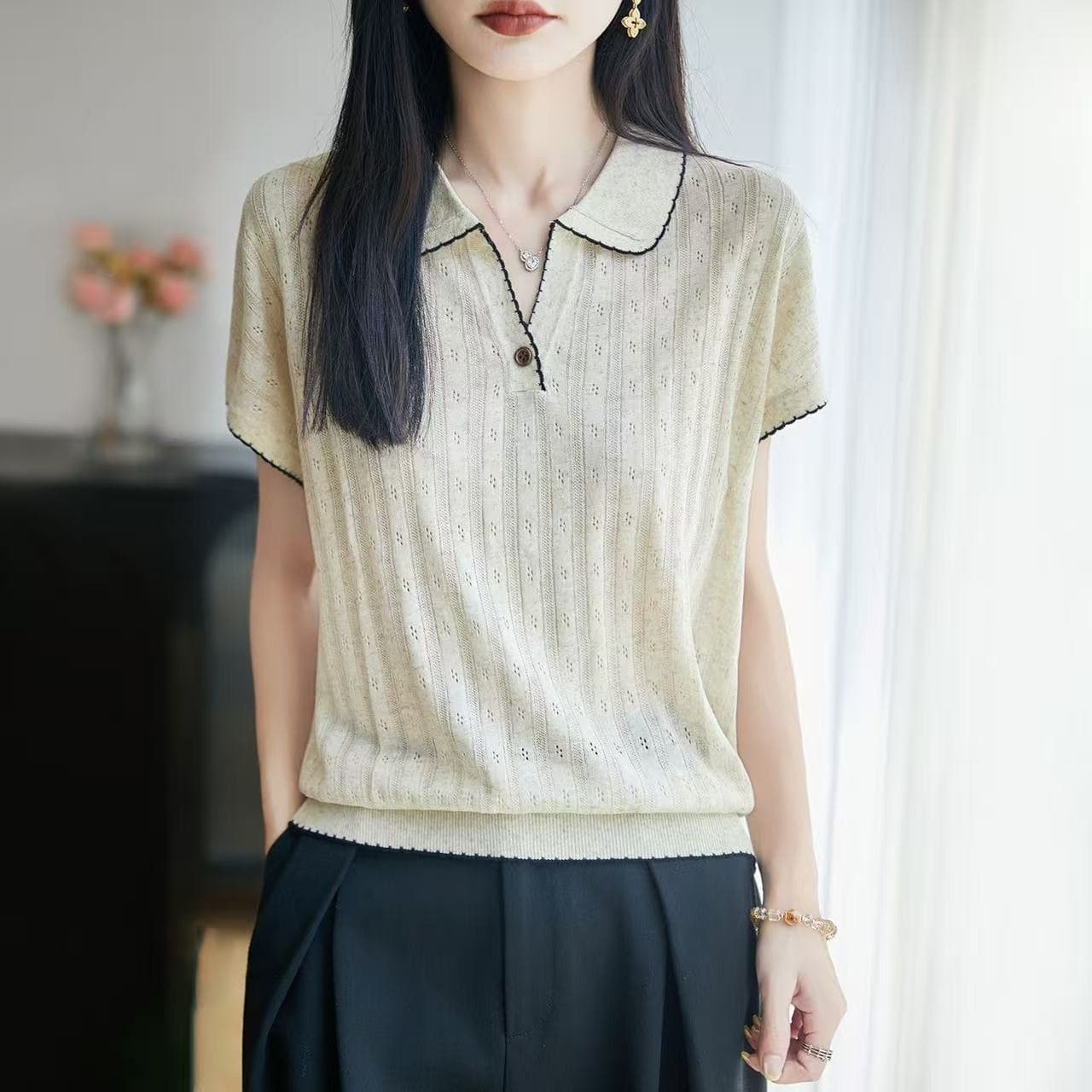 작은 대중 디자인 센스 POLO 칼라 반팔 티셔츠 여성 외출용 새로운 외국 가스 다용도 맨위 주간 실크 아마 니트 스웨터 상세 이미지 3
