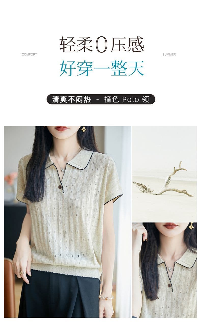 작은 대중 디자인 센스 POLO 칼라 반팔 티셔츠 여성 외출용 새로운 외국 가스 다용도 맨위 주간 실크 아마 니트 스웨터 상세 이미지 4