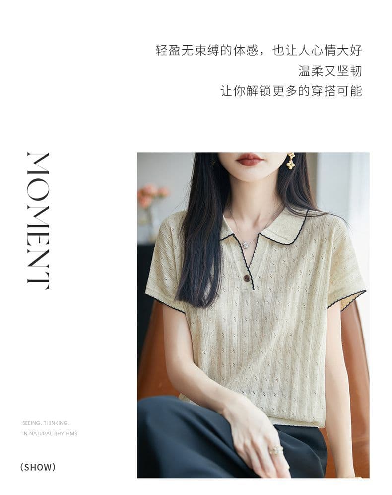 작은 대중 디자인 센스 POLO 칼라 반팔 티셔츠 여성 외출용 새로운 외국 가스 다용도 맨위 주간 실크 아마 니트 스웨터 상세 이미지 13