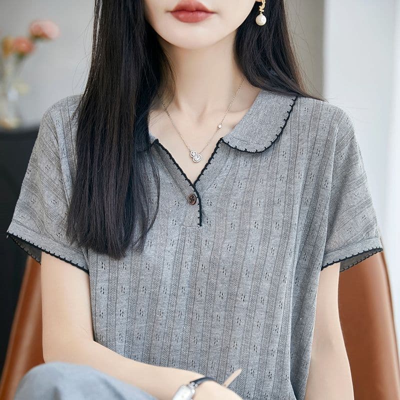 작은 대중 디자인 센스 POLO 칼라 반팔 티셔츠 여성 외출용 새로운 외국 가스 다용도 맨위 주간 실크 아마 니트 스웨터 상세 이미지 15