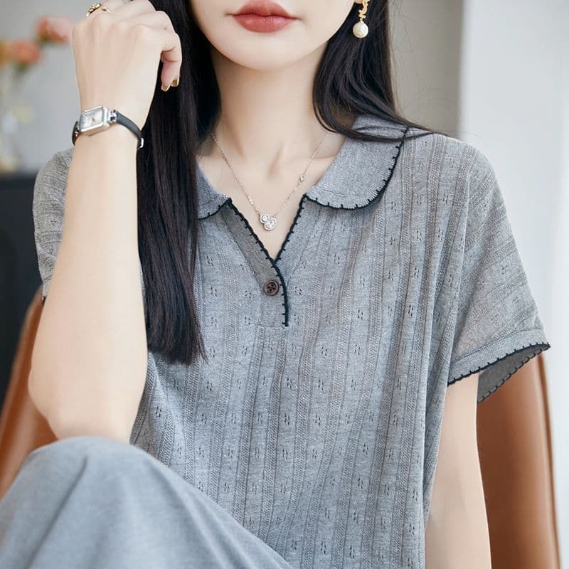 작은 대중 디자인 센스 POLO 칼라 반팔 티셔츠 여성 외출용 새로운 외국 가스 다용도 맨위 주간 실크 아마 니트 스웨터 상세 이미지 19