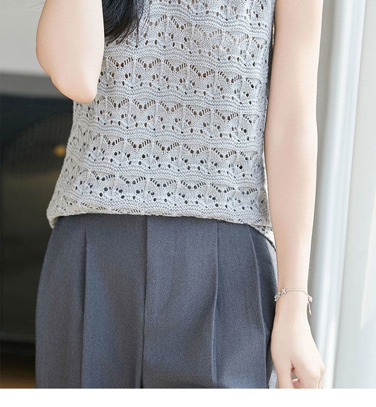 V넥 홀로우 아웃 민소매 조끼 티셔츠 여성 여름 새로운 캐주얼 패션 연령 감소 루즈핏 슬림해 보이는 얼음 실크 니트 맨위 상세 이미지 6