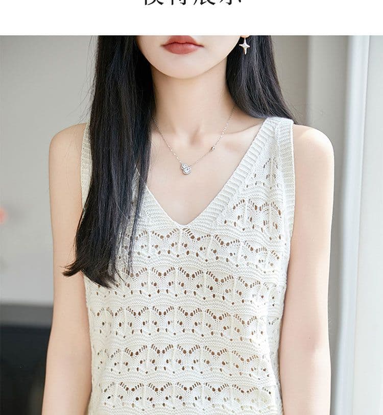 V넥 홀로우 아웃 민소매 조끼 티셔츠 여성 여름 새로운 캐주얼 패션 연령 감소 루즈핏 슬림해 보이는 얼음 실크 니트 맨위 상세 이미지 10