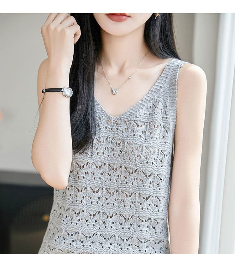 V넥 홀로우 아웃 민소매 조끼 티셔츠 여성 여름 새로운 캐주얼 패션 연령 감소 루즈핏 슬림해 보이는 얼음 실크 니트 맨위 상세 이미지 14