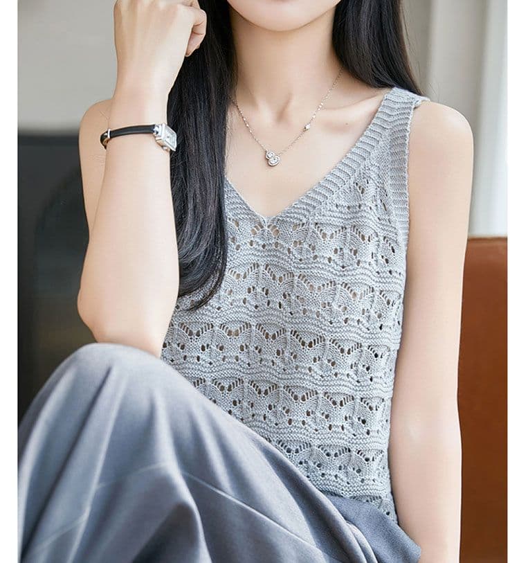 V넥 홀로우 아웃 민소매 조끼 티셔츠 여성 여름 새로운 캐주얼 패션 연령 감소 루즈핏 슬림해 보이는 얼음 실크 니트 맨위 상세 이미지 17