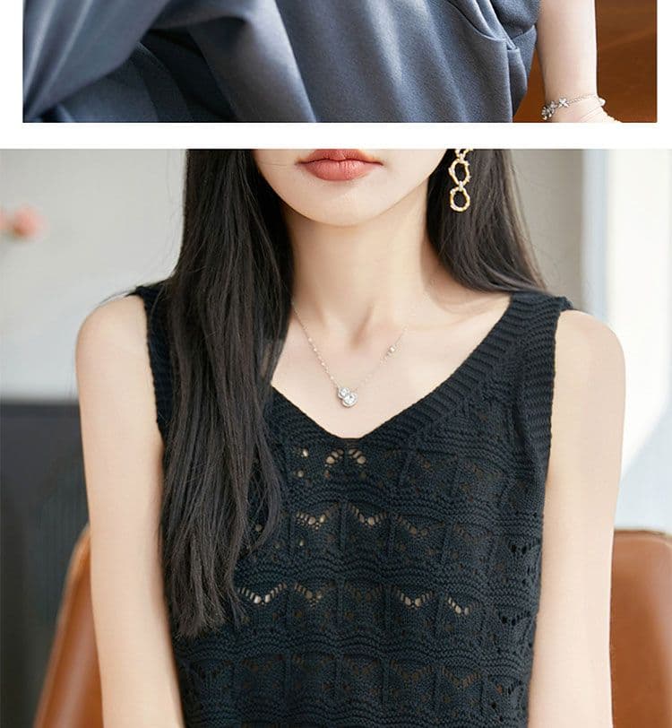 V넥 홀로우 아웃 민소매 조끼 티셔츠 여성 여름 새로운 캐주얼 패션 연령 감소 루즈핏 슬림해 보이는 얼음 실크 니트 맨위 상세 이미지 18