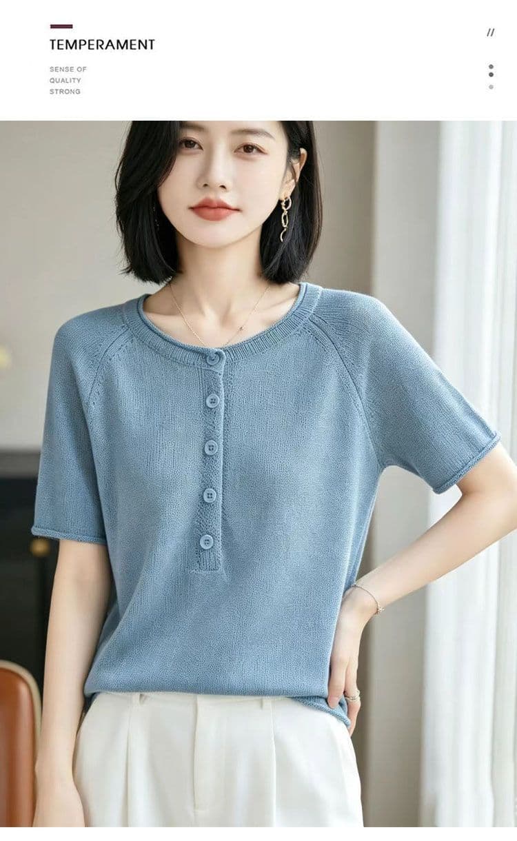 고급 라운드 넥 통기성 니트 반팔 티셔츠 여성 여름 루즈핏 슬림해 보이는 단추 디자인 센스 반소매 티셔츠 맨위 여성 상세 이미지 10
