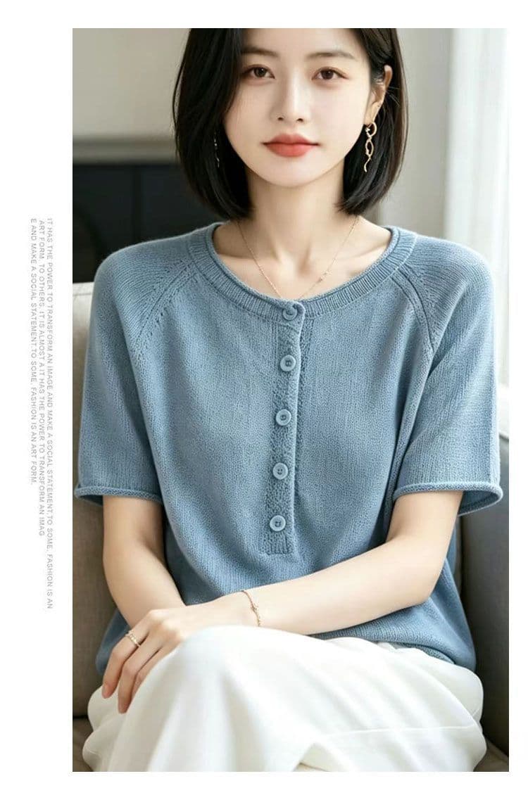 고급 라운드 넥 통기성 니트 반팔 티셔츠 여성 여름 루즈핏 슬림해 보이는 단추 디자인 센스 반소매 티셔츠 맨위 여성 상세 이미지 11