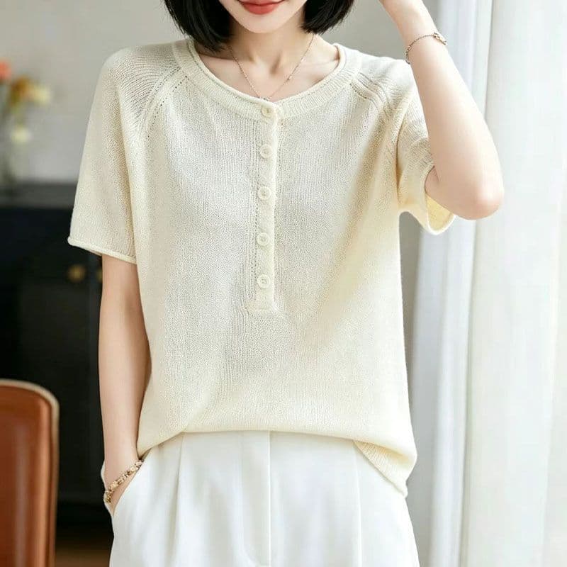 고급 라운드 넥 통기성 니트 반팔 티셔츠 여성 여름 루즈핏 슬림해 보이는 단추 디자인 센스 반소매 티셔츠 맨위 여성 상세 이미지 20
