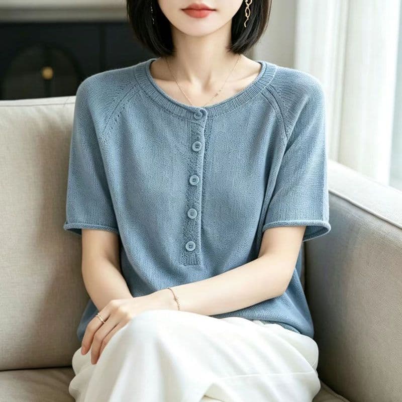 고급 라운드 넥 통기성 니트 반팔 티셔츠 여성 여름 루즈핏 슬림해 보이는 단추 디자인 센스 반소매 티셔츠 맨위 여성 상세 이미지 26