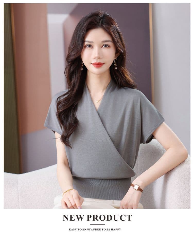 십자가 V넥 반팔 티셔츠 니트 스웨터 여성 여름 얇은 스타일 허리 수축 품격 슬림해 보이는 뽕나무 누에 실크 얼음 실크 단색 맨위 상세 이미지 11