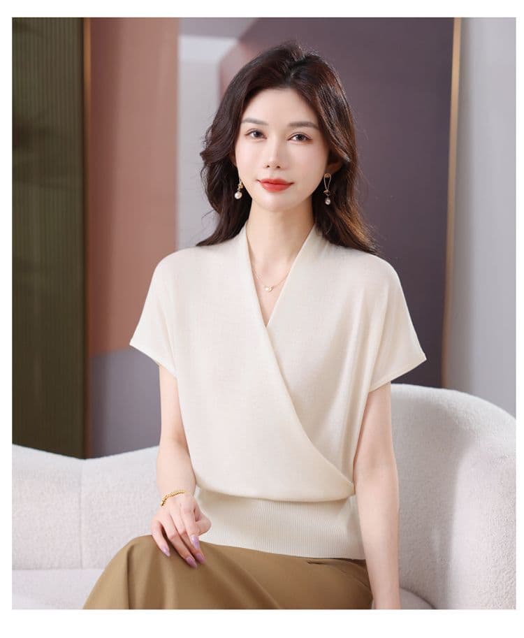 십자가 V넥 반팔 티셔츠 니트 스웨터 여성 여름 얇은 스타일 허리 수축 품격 슬림해 보이는 뽕나무 누에 실크 얼음 실크 단색 맨위 상세 이미지 14