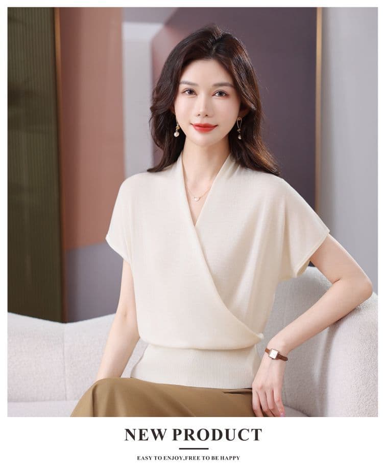 십자가 V넥 반팔 티셔츠 니트 스웨터 여성 여름 얇은 스타일 허리 수축 품격 슬림해 보이는 뽕나무 누에 실크 얼음 실크 단색 맨위 상세 이미지 16