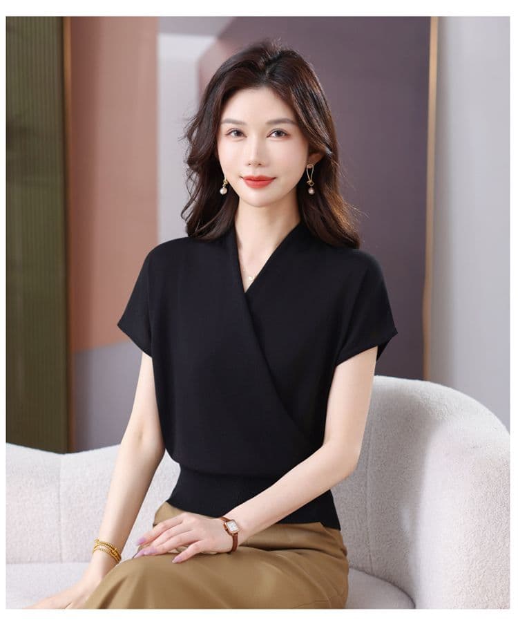 십자가 V넥 반팔 티셔츠 니트 스웨터 여성 여름 얇은 스타일 허리 수축 품격 슬림해 보이는 뽕나무 누에 실크 얼음 실크 단색 맨위 상세 이미지 19