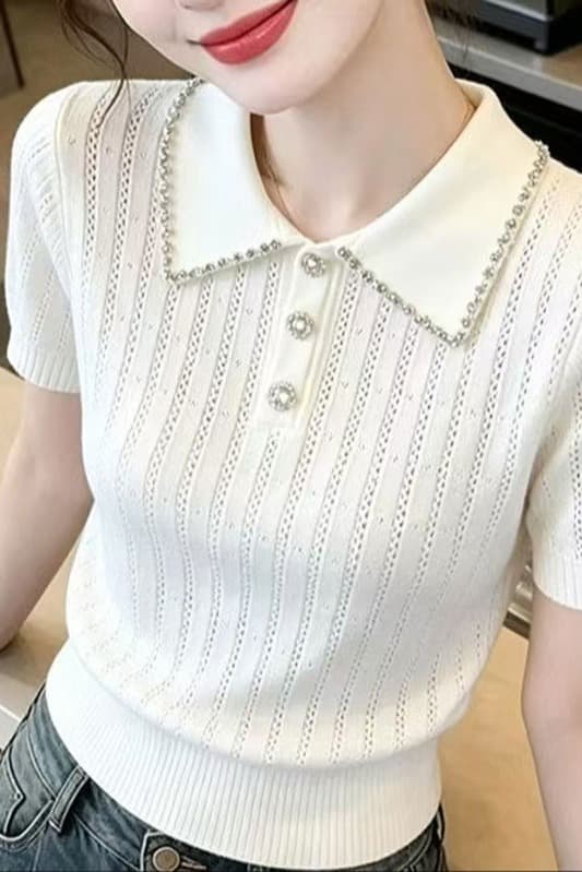 새로운 캐주얼 패션 클래식 무거운 작업 다이아몬드 세팅 폴로 칼라 얼음 실크 니트 반팔 편안함 시원한 홀로우 아웃 맨위 여성 이미지 6