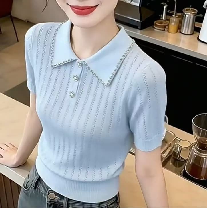 새로운 캐주얼 패션 클래식 무거운 작업 다이아몬드 세팅 폴로 칼라 얼음 실크 니트 반팔 편안함 시원한 홀로우 아웃 맨위 여성 상세 이미지 7