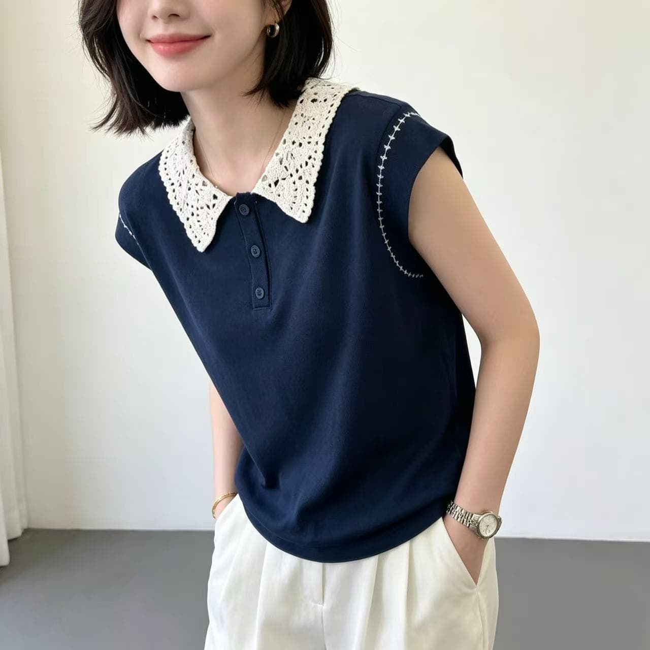 배색 폴로 칼라 니트 반팔 디스플레이 화이트 루즈핏 다용도 POLO 셔츠 출퇴근 맨위 진주 마 패션 달콤함 티셔츠 이미지 2