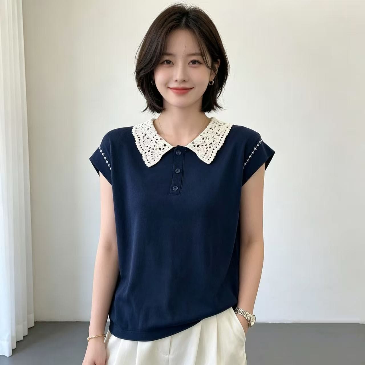 배색 폴로 칼라 니트 반팔 디스플레이 화이트 루즈핏 다용도 POLO 셔츠 출퇴근 맨위 진주 마 패션 달콤함 티셔츠 상세 이미지 1