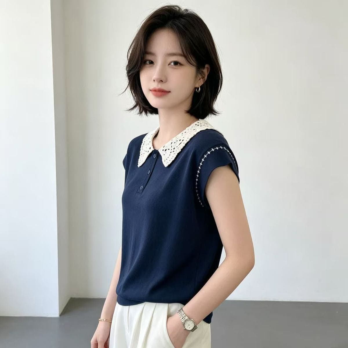 배색 폴로 칼라 니트 반팔 디스플레이 화이트 루즈핏 다용도 POLO 셔츠 출퇴근 맨위 진주 마 패션 달콤함 티셔츠 상세 이미지 6