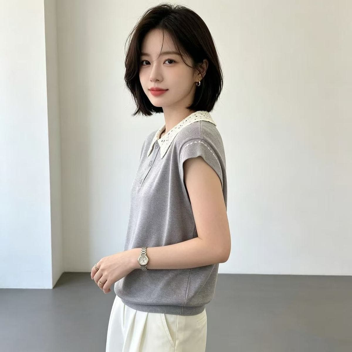 배색 폴로 칼라 니트 반팔 디스플레이 화이트 루즈핏 다용도 POLO 셔츠 출퇴근 맨위 진주 마 패션 달콤함 티셔츠 상세 이미지 13