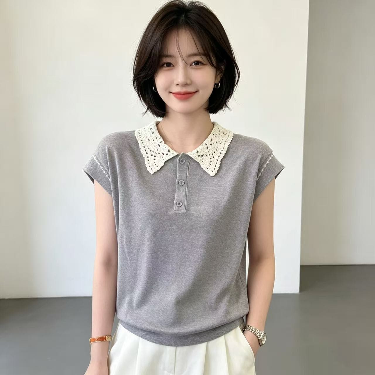 배색 폴로 칼라 니트 반팔 디스플레이 화이트 루즈핏 다용도 POLO 셔츠 출퇴근 맨위 진주 마 패션 달콤함 티셔츠 상세 이미지 16