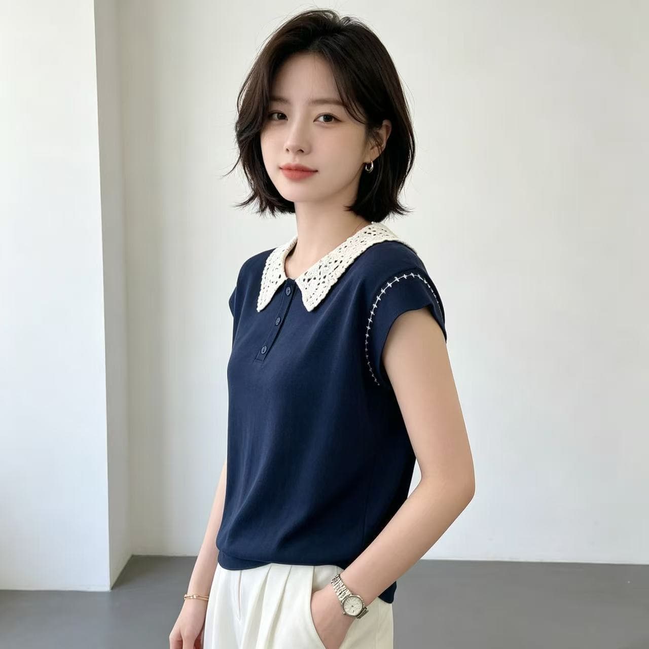 배색 폴로 칼라 니트 반팔 디스플레이 화이트 루즈핏 다용도 POLO 셔츠 출퇴근 맨위 진주 마 패션 달콤함 티셔츠 상세 이미지 18