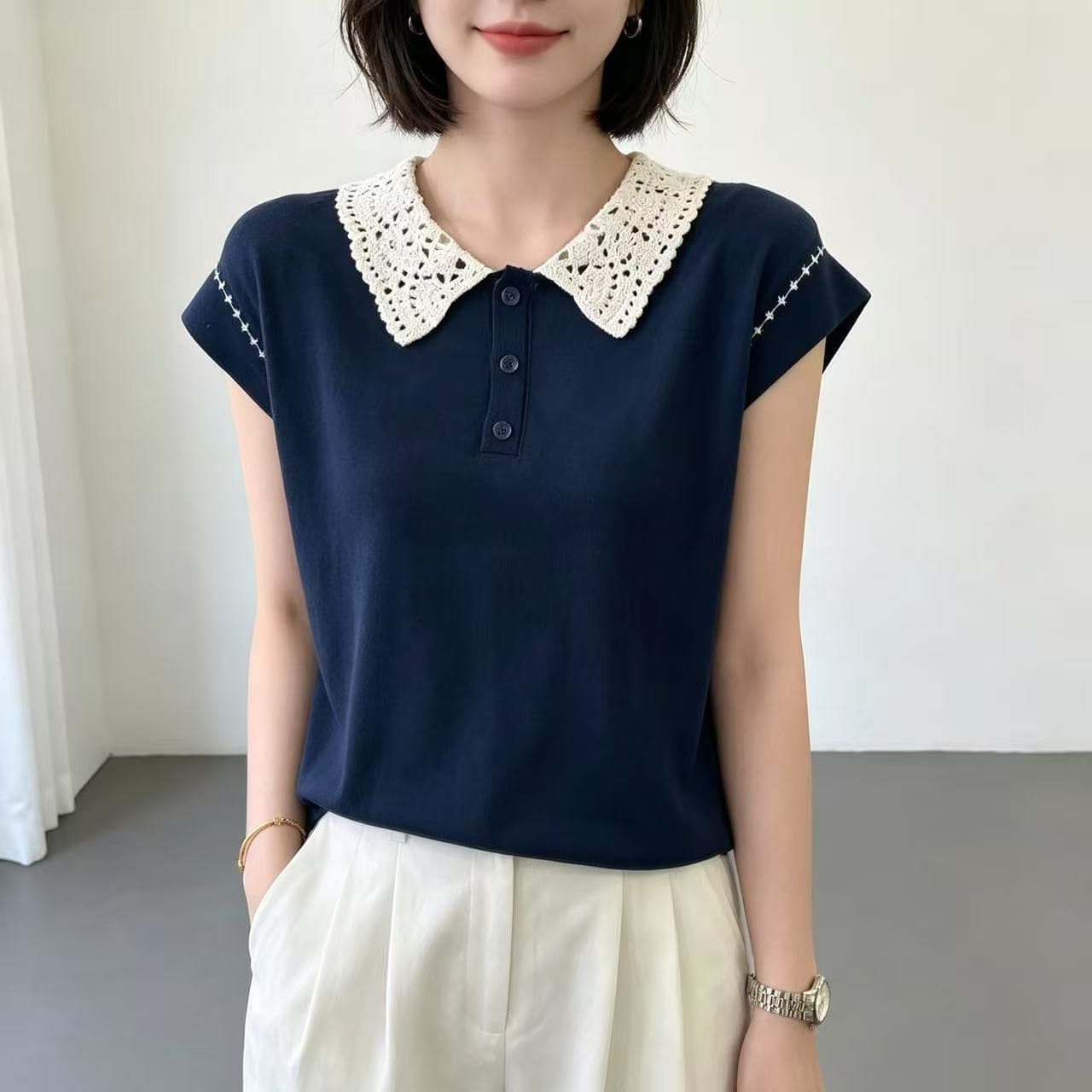 배색 폴로 칼라 니트 반팔 디스플레이 화이트 루즈핏 다용도 POLO 셔츠 출퇴근 맨위 진주 마 패션 달콤함 티셔츠 상세 이미지 20