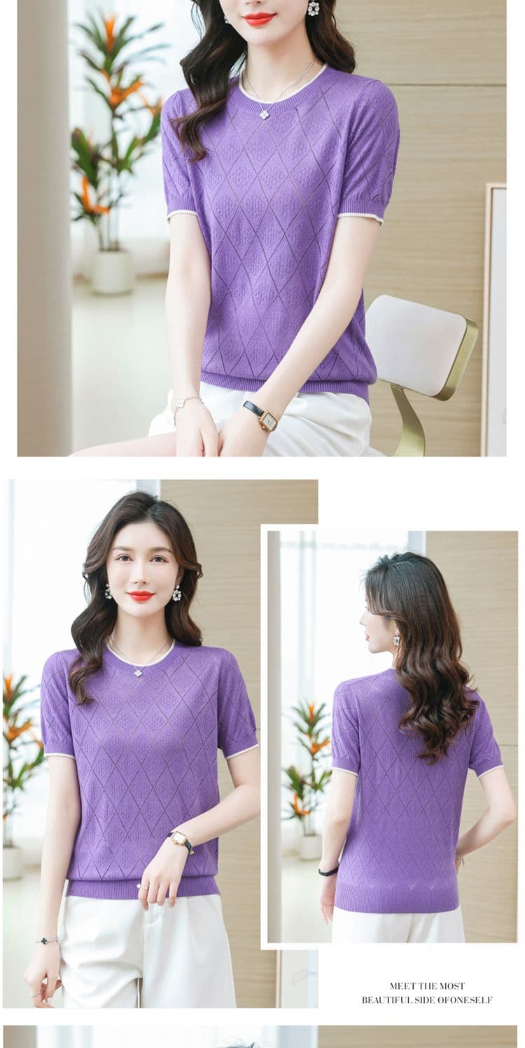 새로운 패션 다용도 연령 감소 루즈핏 캐주얼 티셔츠 캐주얼 라운드 넥 얇은 반팔 티셔츠 얼음 실크 니트 맨위 트렌디 상세 이미지 8