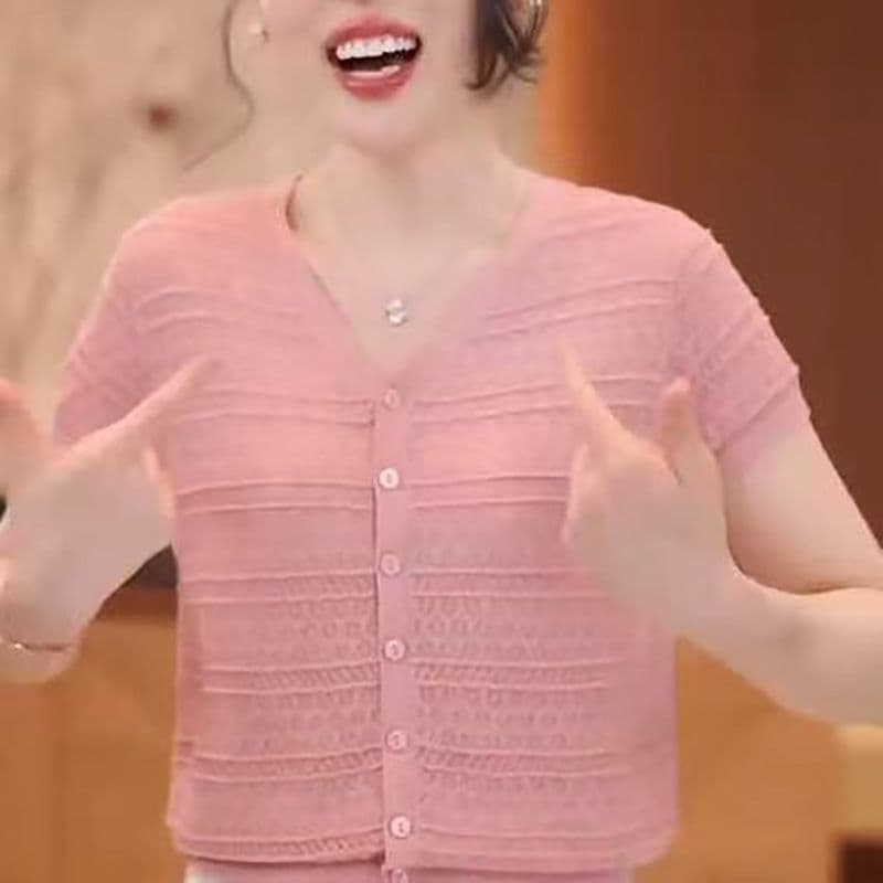 여름 고급 세로 줄무늬 루즈핏 표지 고기 오픈 가디건 여자 중간 청년 슬림해 보이는 얇고 가벼운 통기성 시원한 V넥 반팔 여성