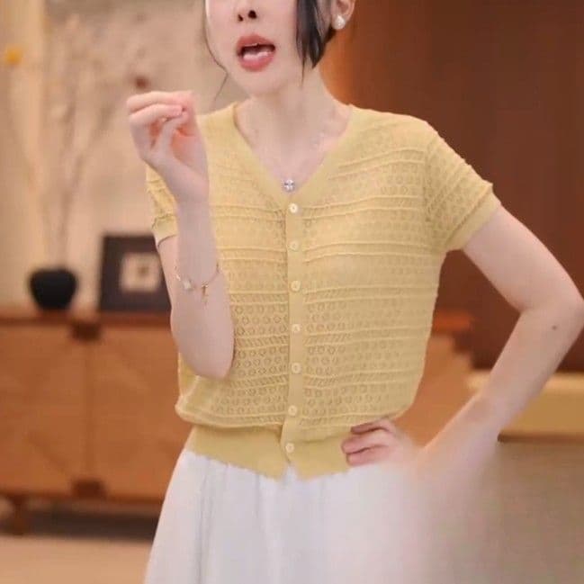 여름 고급 세로 줄무늬 루즈핏 표지 고기 오픈 가디건 여자 중간 청년 슬림해 보이는 얇고 가벼운 통기성 시원한 V넥 반팔 여성 상세 이미지 2