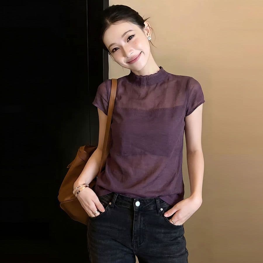 여름 새로운 얼음 실크 니트 스웨터 패션 다용도 디자인 센스 연령 감소 부드럽다 얼음 센스 반팔 티셔츠 여성 셔츠 여성 상세 이미지 1