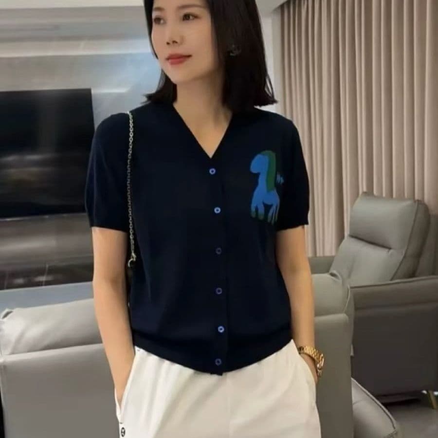 V넥 새로운 주간 실크 작은 말 한국 스타일 자카드 여름 패션 다용도 니트 오픈 가디건 다용도 캐주얼 연령 감소 맨위 이미지 5