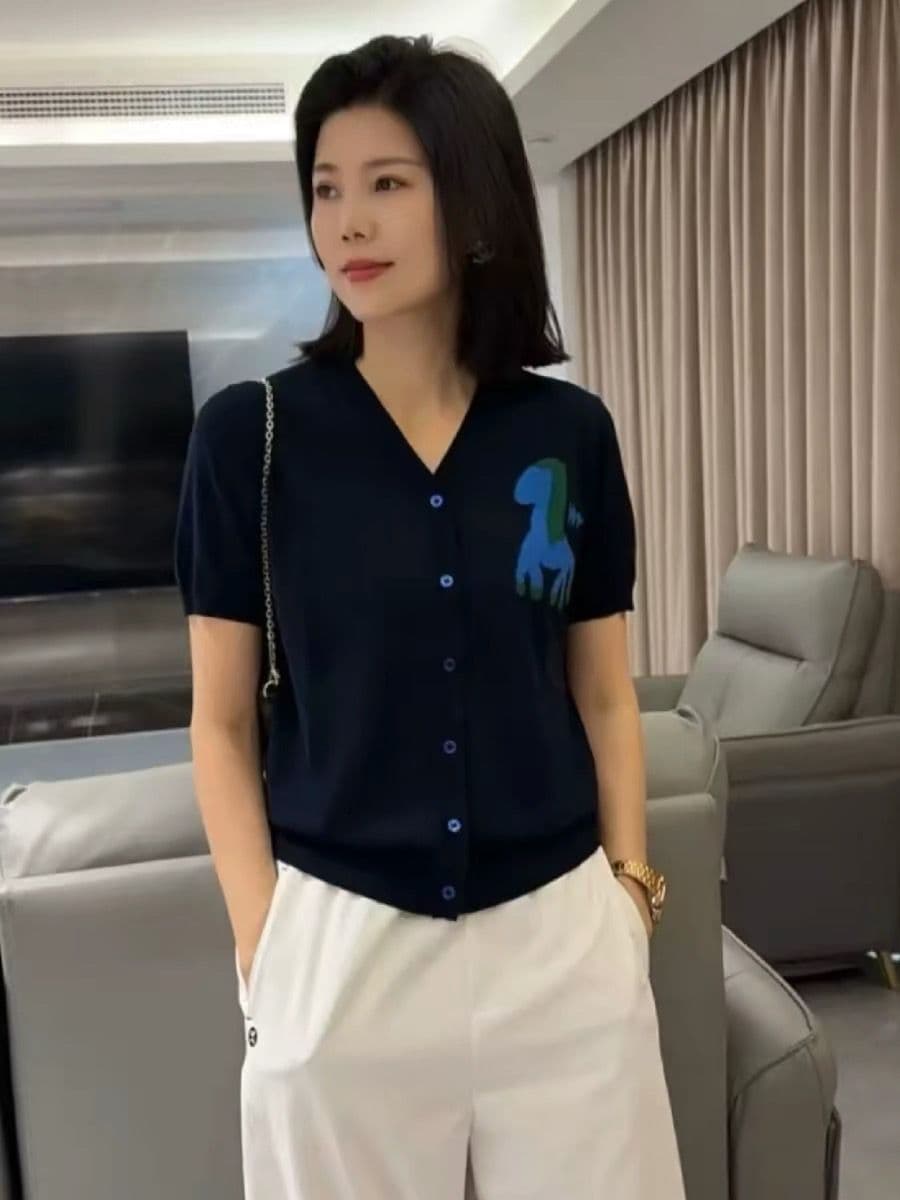V넥 새로운 주간 실크 작은 말 한국 스타일 자카드 여름 패션 다용도 니트 오픈 가디건 다용도 캐주얼 연령 감소 맨위 상세 이미지 3