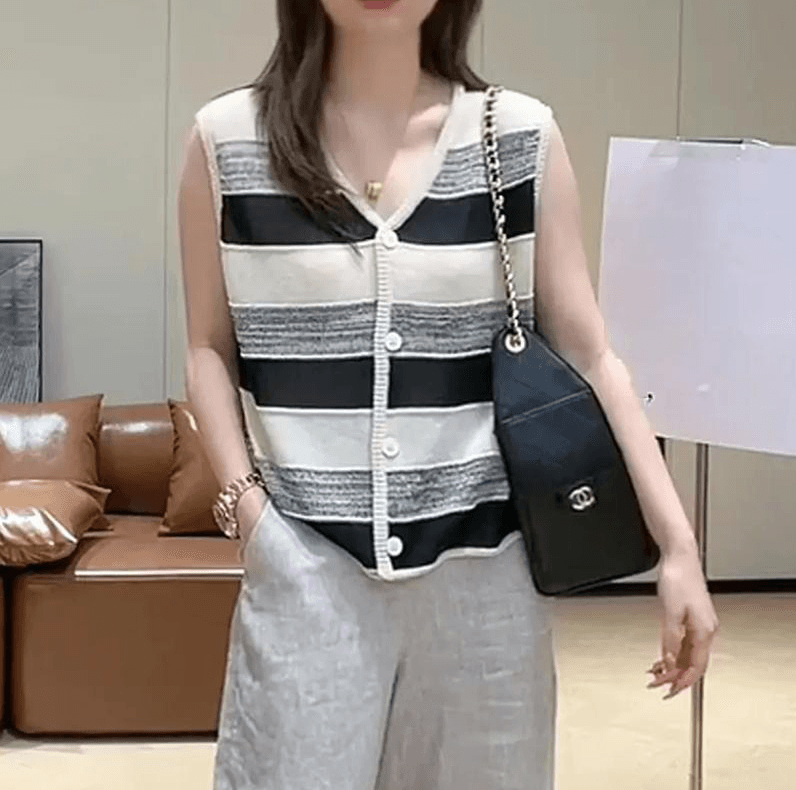 패션 V넥 스트라이프 배색 민소매 주간 실크 아마 니트 스웨터 조끼 여자 여름 새로운 루즈핏 슬림해 보이는 맨위 상세 이미지 17