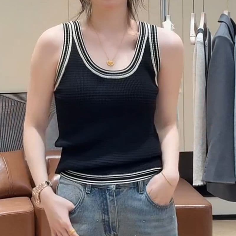 작은 샤넬 스타일 배색 u 칼라 작은 슬링 조끼 여성 인사이드 가져 가라. 봄 여름 외출용 품격 차가운 니트 민소매 맨위 이미지 4