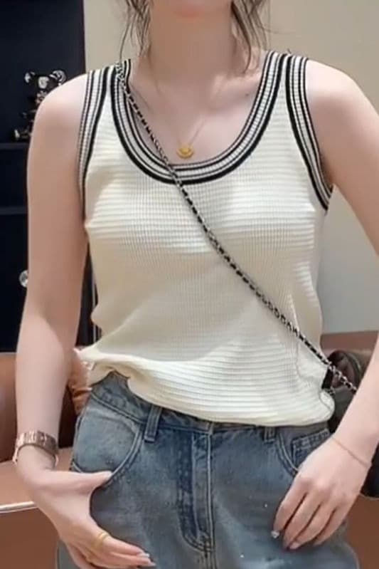 작은 샤넬 스타일 배색 u 칼라 작은 슬링 조끼 여성 인사이드 가져 가라. 봄 여름 외출용 품격 차가운 니트 민소매 맨위 이미지 6