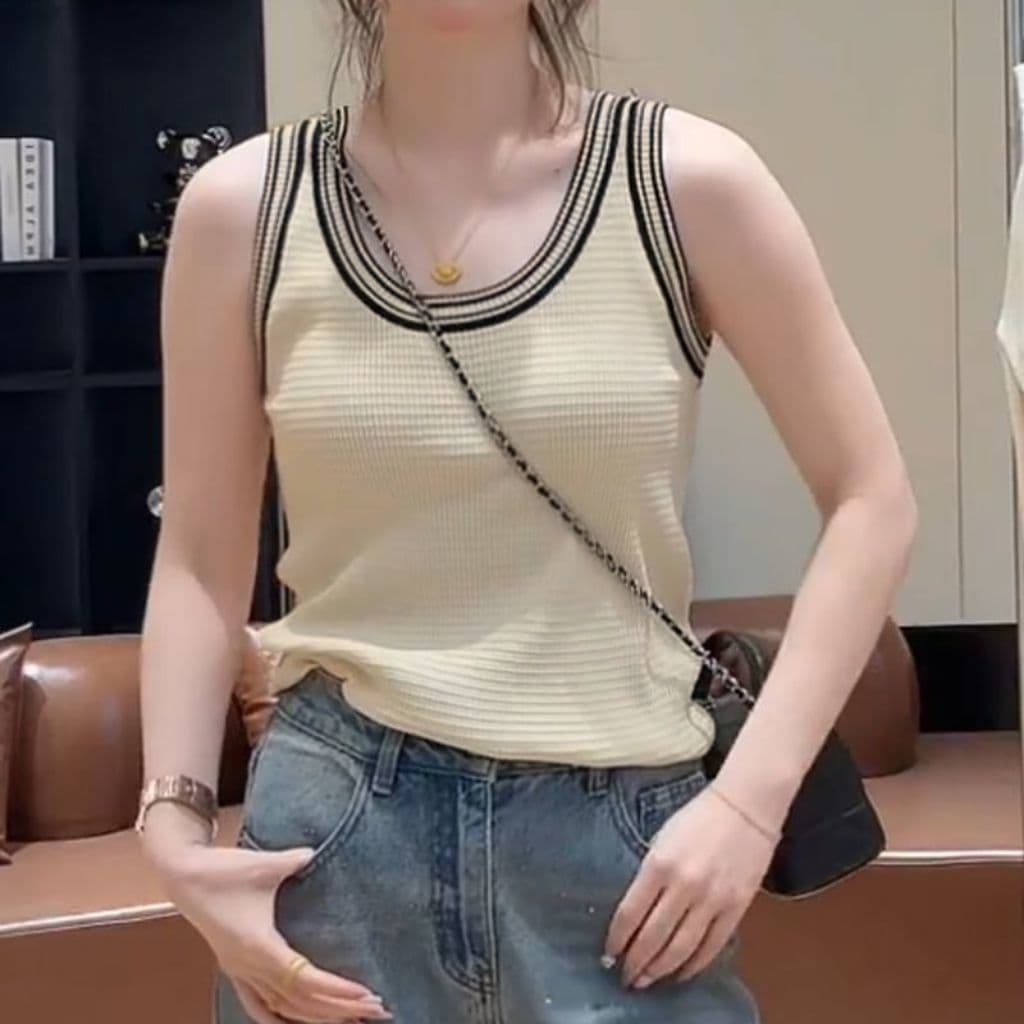작은 샤넬 스타일 배색 u 칼라 작은 슬링 조끼 여성 인사이드 가져 가라. 봄 여름 외출용 품격 차가운 니트 민소매 맨위 상세 이미지 15