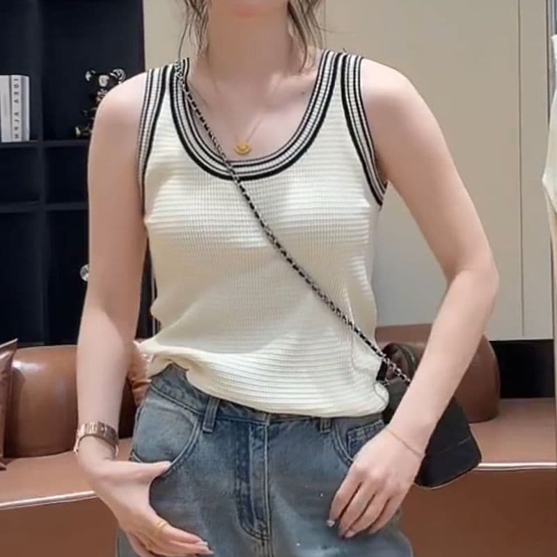 작은 샤넬 스타일 배색 u 칼라 작은 슬링 조끼 여성 인사이드 가져 가라. 봄 여름 외출용 품격 차가운 니트 민소매 맨위 상세 이미지 16