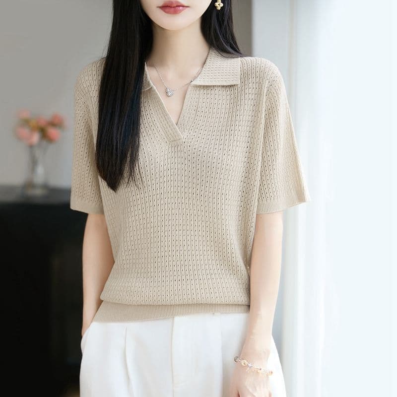 여름 POLO 셔츠 새로운 뽕나무 누에 실크 티셔츠 반팔 여성 얇은 스타일 홀로우 아웃 다용도 탑 옷깃 주간 실크 니트 스웨터 상세 이미지 2