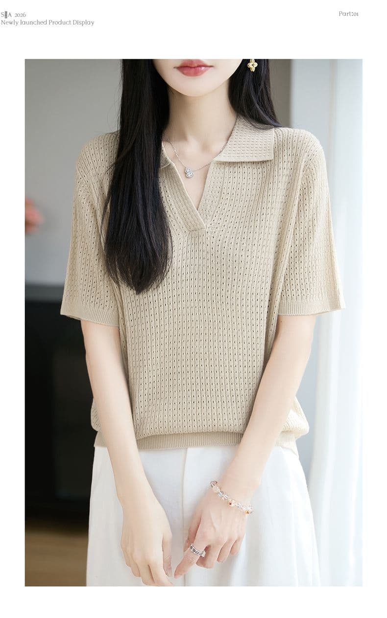 여름 POLO 셔츠 새로운 뽕나무 누에 실크 티셔츠 반팔 여성 얇은 스타일 홀로우 아웃 다용도 탑 옷깃 주간 실크 니트 스웨터 상세 이미지 4