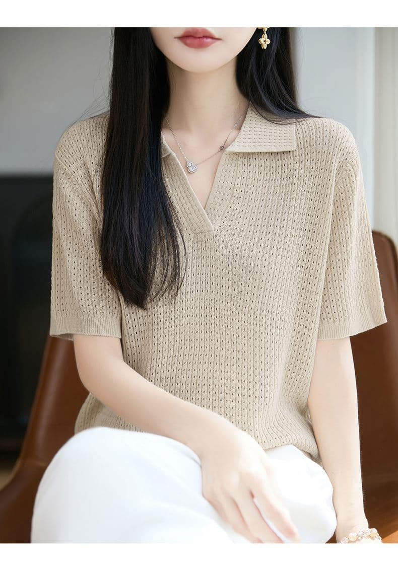 여름 POLO 셔츠 새로운 뽕나무 누에 실크 티셔츠 반팔 여성 얇은 스타일 홀로우 아웃 다용도 탑 옷깃 주간 실크 니트 스웨터 상세 이미지 5