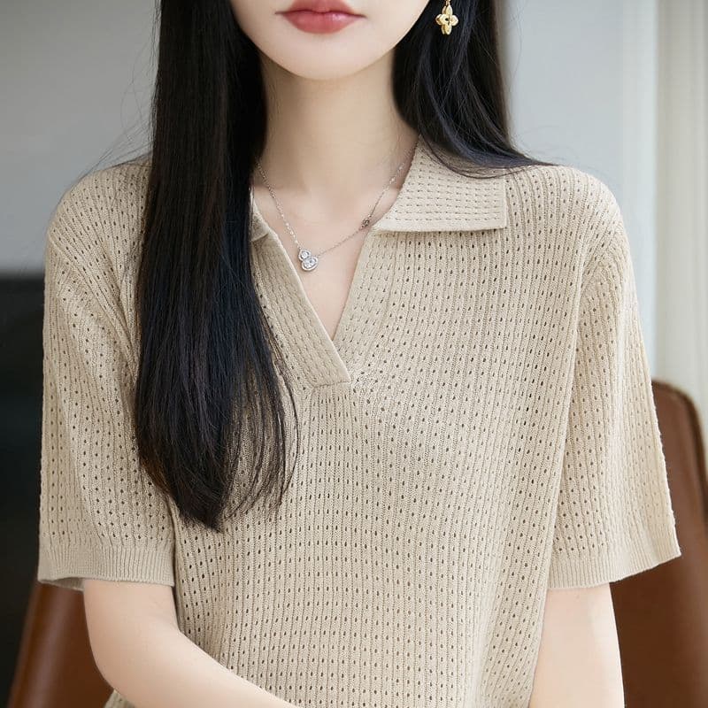 여름 POLO 셔츠 새로운 뽕나무 누에 실크 티셔츠 반팔 여성 얇은 스타일 홀로우 아웃 다용도 탑 옷깃 주간 실크 니트 스웨터 상세 이미지 8