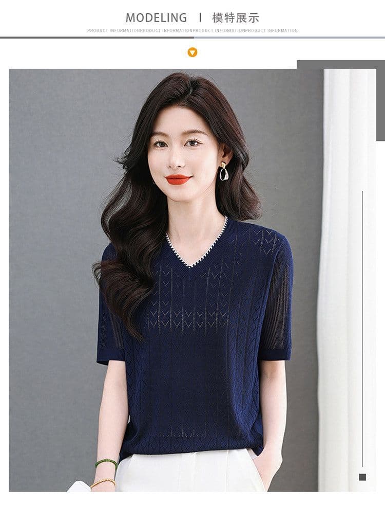 얼음 실크 얇은 스타일 홀로우 아웃 반팔 티셔츠 여성 2026 여름 새로운 외국 가스 V넥 루즈핏 슬림해 보이는 다용도 맨위 작은 셔츠 상세 이미지 8