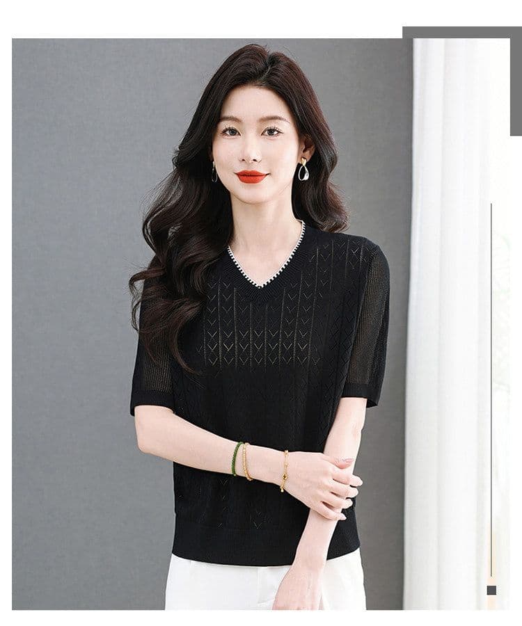 얼음 실크 얇은 스타일 홀로우 아웃 반팔 티셔츠 여성 2026 여름 새로운 외국 가스 V넥 루즈핏 슬림해 보이는 다용도 맨위 작은 셔츠 상세 이미지 14