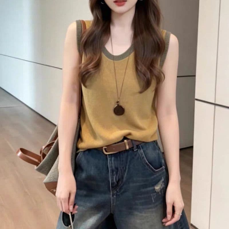 한 부서 캐주얼 바람 라운드 넥 배색 홀로우 아웃 민소매 조끼 여성 여름 새로운 슬림해 보이는 고유 한 아름다운 니트 맨위 상세 이미지 9