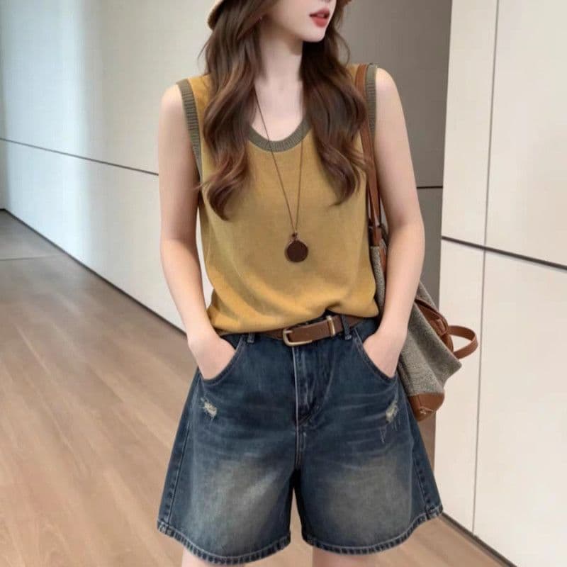 한 부서 캐주얼 바람 라운드 넥 배색 홀로우 아웃 민소매 조끼 여성 여름 새로운 슬림해 보이는 고유 한 아름다운 니트 맨위 상세 이미지 13