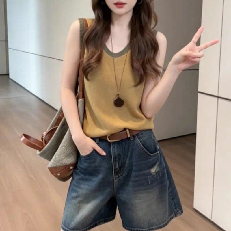 한 부서 캐주얼 바람 라운드 넥 배색 홀로우 아웃 민소매 조끼 여성 여름 새로운 슬림해 보이는 고유 한 아름다운 니트 맨위 상세 이미지 14